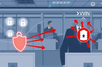 A modern government office interior with a serious-looking official overseeing a team of operators at computer stations. The operators are depicted sending data streams toward a central server represented by a glowing shield. Visual symbols of VPN appear as secure lock icons and tunnel-like connections, while DDoS attacks are shown as multiple red arrows converging on a vulnerable server icon. The scene is dynamic, with subtle motion lines indicating data flow, and a muted color palette with cool blues and grays to convey a tech surveillance atmosphere. No text or logos are present.