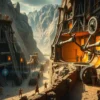 A vast ancient mining complex set in a rugged mountainous landscape, showing massive stone and metal structures built by ancient engineers: towering wooden and bronze scaffolding, huge gears and pulleys, long conveyor-like channels carved into the rock, workers in primitive clothing operating primitive machinery, and glowing veins of precious metal visible in the rock walls. The scene is epic and detailed, emphasizing the scale and ingenuity of the ancient system.