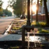 A quiet residential street in the Ulyanovsk region at early morning on May 26, with soft sunrise light, a visible water main pipe and a valve being turned off by a worker in work clothes, water droplets falling, and a subtle sense of temporary water outage, without any text or signage.