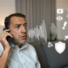 A concerned adult in a modern home receiving a phone call, looking uneasy while a stylized, semi-transparent illustration of a deceptive voice scam appears as ghostly sound waves emanating from the phone, with subtle warning symbols like an exclamation mark and a shield floating nearby, all set in a realistic indoor environment with soft lighting