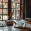 A scholarly study room with a polished wooden desk, open leather-bound books, a feather quill, a brass globe, a framed diploma, a small candle, and a window overlooking a historic university courtyard. Soft, warm lighting creates a contemplative atmosphere.