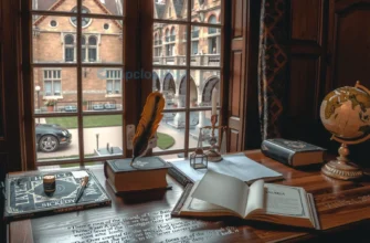 A scholarly study room with a polished wooden desk, open leather-bound books, a feather quill, a brass globe, a framed diploma, a small candle, and a window overlooking a historic university courtyard. Soft, warm lighting creates a contemplative atmosphere.