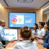 A modern Ministry of Education office interior with officials and educators gathered around a sleek digital display showing abstract graphs and icons representing a new behavior assessment system, with diverse students and teachers interacting, emphasizing collaboration and technology without any visible text or symbols