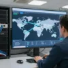 A realistic depiction of a telecom operator's control room with a technician monitoring a complex network diagram that shows a bypass route from Russia to foreign websites, featuring servers, cables, and a glowing map highlighting the connection path, all in a professional, high-tech environment.