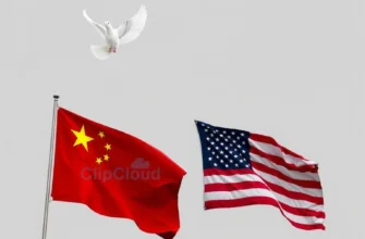 A symbolic representation of diplomatic tension between China and the United States, featuring two opposing flags gently hovering in a neutral gray sky, with a cracked peace dove above them, no weapons, no people, no text
