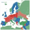A stylized map of Europe highlighting Ukraine in blue, Hungary in green, and another country (e.g., Russia) in red to indicate it as the new enemy. The map should have a subtle background and a clear legend indicating the colors.