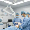 A modern hospital operating room with advanced medical equipment, including robotic surgical systems, high-tech imaging devices, and a team of medical professionals in surgical attire. The scene should convey the high cost and sophistication of the medical technology.