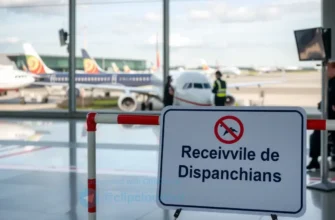A temporary sign or barrier at Volgograd Airport indicating a restriction on receiving and dispatching flights, with airport infrastructure and aircraft visible in the background, showing a controlled environment with staff monitoring operations