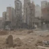 A construction site with unfinished residential buildings, workers in the background, and a large digital clock showing a delayed time. The scene should convey the frustration and disappointment of delayed housing delivery.