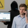 A Russian citizen receiving a suspicious phone call, with a shadowy figure in the background holding a laptop showing fake bank login pages, warning signs and warning symbols around the scene, no text or numbers visible
