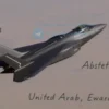A photorealistic image of an F-35 fighter jet flying over the United Arab Emirates. The jet should be in flight, with a clear sky in the background. Include desert landscape and some buildings in the distance.