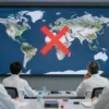 A control room with meteorologists watching a large digital screen that displays a stylized Earth, where a red X overlays the area representing global warming, symbolizing the term’s death. The scientists look contemplative, with a subtle sense of change.