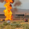 A large fire erupting from a gas pipeline in a rural landscape in Dagestan, Russia. Flames are shooting high into the air, with smoke billowing upwards. Emergency vehicles (fire trucks) are visible in the distance, approaching the scene. The surrounding area is arid, with sparse vegetation. Focus on the intensity of the fire and the scale of the incident.