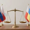 A diplomatic scene showing a symbolic representation of Russia benefiting from tensions between Poland and Ukraine, with subtle visual metaphors like a scale tipping in Russia's favor, neutral backgrounds, no faces or identifiable landmarks