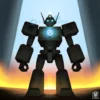 A friendly, cartoon-style robot resembling Dobrynya Nikitich, the hero from Russian folklore, standing in front of an election ballot box. The robot should have a welcoming expression and be holding a ballot. The background should be a clean, modern office setting with the Sverdlovsk election commission logo subtly visible.