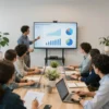 A modern, brightly lit office space with a diverse team of people collaborating around a large table. One person is presenting data on a large screen. The overall atmosphere is innovative and forward-thinking.