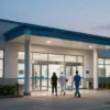 A modern, brightly lit medical facility at dusk. People are entering and exiting the building. A few medical professionals are visible near the entrance. The overall mood is calm and inviting. Focus on the building's architecture and the evening atmosphere.