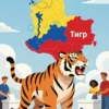 A vibrant and detailed illustration of the Colombian presidential election results. The image should depict a stylized tiger roaring triumphantly, symbolizing the victory of 'Тигр' (Tiger). In the background, show a map of Colombia with the 'Тигр' candidate's region highlighted in a bold color. Include elements representing the election process, such as ballot boxes and voting people, but keep it symbolic and not overly detailed. The overall mood should be celebratory and optimistic.