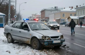 A dramatic scene of a car accident on a city street in Yaroslavl, Russia, with a damaged vehicle abandoned on the side of the road, emergency lights flashing in the background, and a blurred figure of a driver fleeing the scene in the distance, under overcast winter skies