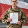 A serious-looking Ukrainian soldier in camouflage uniform stands in front of a Polish flag, with a blurred background of a modern city. The soldier holds a document in his hand.