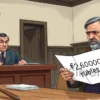 A courtroom scene in a small Russian town courthouse with a stern judge, a concerned local resident holding a document labeled '60,000 rubles', and a subtle hint of a gavel and legal papers, set in a modest interior with muted colors and a somber atmosphere