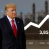 A photo of Donald Trump standing in front of a large oil refinery, with a subtle downward trending arrow overlaid on a graph showing oil prices. The overall tone should be neutral and informative.