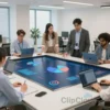A modern, brightly lit office space with people interacting with touchscreen displays. Focus on a diverse group of professionals collaborating around a large interactive table. Include elements representing data visualization and digital marketing.