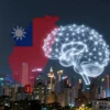 A stylized, high-resolution illustration showing Taiwan’s map or flag subtly integrated with advanced AI imagery—such as a glowing neural network or holographic brain—set against a futuristic Taipei skyline with sleek skyscrapers and subtle light trails, conveying Taiwan’s leadership in AI technology. No textual elements or symbols should be present.