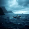 A dramatic scene of a small boat floating on choppy dark waters near a rugged coastline with cliffs and stormy skies, symbolizing the search for missing fishermen from Kamchatka, with subtle hints of rescue efforts like distant searchlights or a faint silhouette of another vessel on the horizon, no text or letters