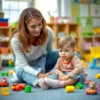 A sad-looking young child sitting on the floor in a brightly lit kindergarten classroom. A concerned adult (teacher) is kneeling beside the child, offering comfort. Toys are scattered around, suggesting a recent accident. Focus on the emotional connection between the child and the adult.