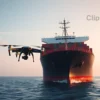 A large cargo ship at sea, with a small drone flying nearby, seemingly inspecting the ship's hull. The ship should be realistically rendered, and the drone should be a modern military-style drone. Focus on the ship and drone interaction.