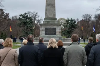 A solemn, wide shot of a group of diverse German citizens standing in a park, looking towards a memorial monument dedicated to the victims of World War II. The monument should be made of stone and feature inscriptions in German. The sky is overcast, creating a somber atmosphere.