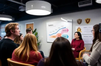 A group of job seekers in Volgograd listening to a career counselor in a modern office or community center, with charts showing career growth paths and symbols of job security like shields or certificates, soft lighting, professional atmosphere