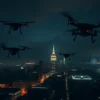 Nighttime cityscape of a major capital city, with multiple drones silhouetted against the night sky, some appearing to be falling or damaged. Focus on the city lights and the dramatic sky.
