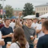 A vibrant, dynamic scene depicting a large group of young people celebrating at a major youth event in Ulyanovsk. The image should capture the energy and excitement of the event, with people interacting, smiling, and enjoying themselves. Include elements representing the city of Ulyanovsk in the background, such as recognizable landmarks or architectural styles. Focus on capturing a sense of community and youthful enthusiasm.