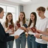 Young people in Kostroma receiving their passports and driver's licenses on Youth Day, smiling and celebrating in a municipal building with official staff handing over documents, bright daylight, modern Russian interior, diverse group of teenagers and young adults in casual clothing, joyful atmosphere