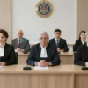 A group of diverse Russian judges in formal attire, seated at a long table in a modern courtroom. The scene should convey authority and professionalism.