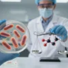 A detailed scientific illustration showing a laboratory scene with researchers examining a petri dish containing salmonella bacteria and a 3D model of the oxytocin molecule, with a balance scale symbolizing pros and cons between the hormone and the bacteria, realistic lighting and clear focus on the scientific elements