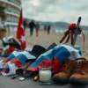 A somber scene showing a Russian tourist's belongings or a memorial near a Turkish beach or hotel area, with muted colors and respectful atmosphere, no people visible