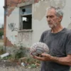 A young child standing in a dilapidated urban setting with peeling walls, broken windows, and graffiti. The child looks contemplative, holding a small, translucent brain model that appears aged—its surface rough, with visible cracks and a grayish hue—symbolizing accelerated brain aging. The background shows a mix of crumbling brick, overgrown weeds, and a distant skyline of low-income housing. The scene conveys a sense of hardship and the impact of environment on youth, without any textual elements.