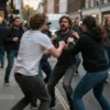 A chaotic street scene in London, UK. Migrants and local residents are engaged in a physical altercation. The scene should depict a mix of emotions – anger, fear, and desperation. Focus on the intensity of the conflict, with blurred motion suggesting rapid movement. Include details of the urban environment – buildings, streetlights, and perhaps some vehicles. The lighting should be dramatic, with shadows and highlights emphasizing the tension.