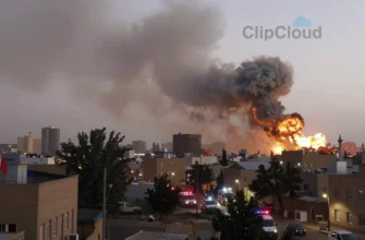 A wide shot of the city of Karaj, Iran, at dusk. Several large explosions are visible in the distance, with plumes of smoke rising into the sky. Buildings are silhouetted against the fading light. Emergency vehicles with flashing lights are approaching the scene. Focus on the urban landscape and the aftermath of the explosions, conveying a sense of chaos and urgency.