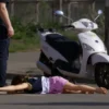 A photorealistic image depicting a tragic accident in Kostroma, Russia. A young person on a moped is shown striking a 10-year-old girl. The scene should be outdoors, possibly near a road or intersection. Focus on the immediate aftermath of the collision, showing the girl lying on the ground and the moped stopped. The overall tone should be somber and realistic, reflecting the gravity of the situation.