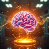 A glowing, vibrant human brain floating in a luminous rejuvenating fluid, surrounded by sparkling golden and blue energy waves symbolizing youth restoration, microscopic cellular renewal particles, futuristic laboratory equipment softly blurred in the background, highly detailed, cinematic lighting