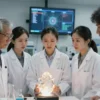 A diverse group of scientists in a modern laboratory, standing around a glowing translucent crystal or sample, with subtle tears on their faces, showing an emotional reaction, surrounded by lab equipment and a digital screen in the background