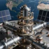A futuristic factory complex constructed in orbit around Earth. The factory should be a network of interconnected modules, gleaming with metallic surfaces and illuminated by artificial lights. Earth is visible in the background, a vibrant blue and green sphere. Include large solar panels integrated into the factory structure.