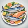 A vibrant, detailed illustration of a plate of various fish, including salmon, tuna, mackerel, and sardines, arranged attractively. The fish should be depicted with realistic textures and colors. A small bowl of lemon wedges and a sprig of parsley are on the side. The background is a softly blurred kitchen setting.