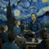 Vincent van Gogh, Starry Night, depicting Vincent van Gogh in a dimly lit room, consulting with his wife and a few close friends. The scene should evoke a sense of contemplation and concern. The room is sparsely furnished with books and paintings. The overall mood is somber but hopeful.