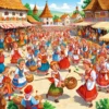 A vibrant illustration depicting a traditional folk festival in Vyun Zelyony, Russia, on June 15th. The scene should include people in traditional clothing, folk musicians playing instruments, a decorated village square, and various food stalls selling traditional dishes. Focus on capturing the lively atmosphere and cultural richness of the event.