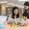 A compassionate university scene showing a young female student with her child, both smiling, sitting at a study desk in a modern campus library. The student is reading a textbook while the child plays with educational toys nearby. A supportive staff member, perhaps a counselor, is handing the student a brochure about financial aid and childcare services. The environment is bright, welcoming, with natural light, bookshelves, and subtle symbols of academic support, emphasizing the new measures to help student mothers.